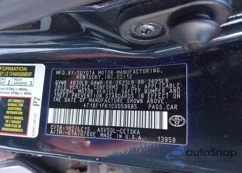 2012 Toyota Camry Se z USA, uszkodzony, nr VIN 4T1BF1FK1CU059685